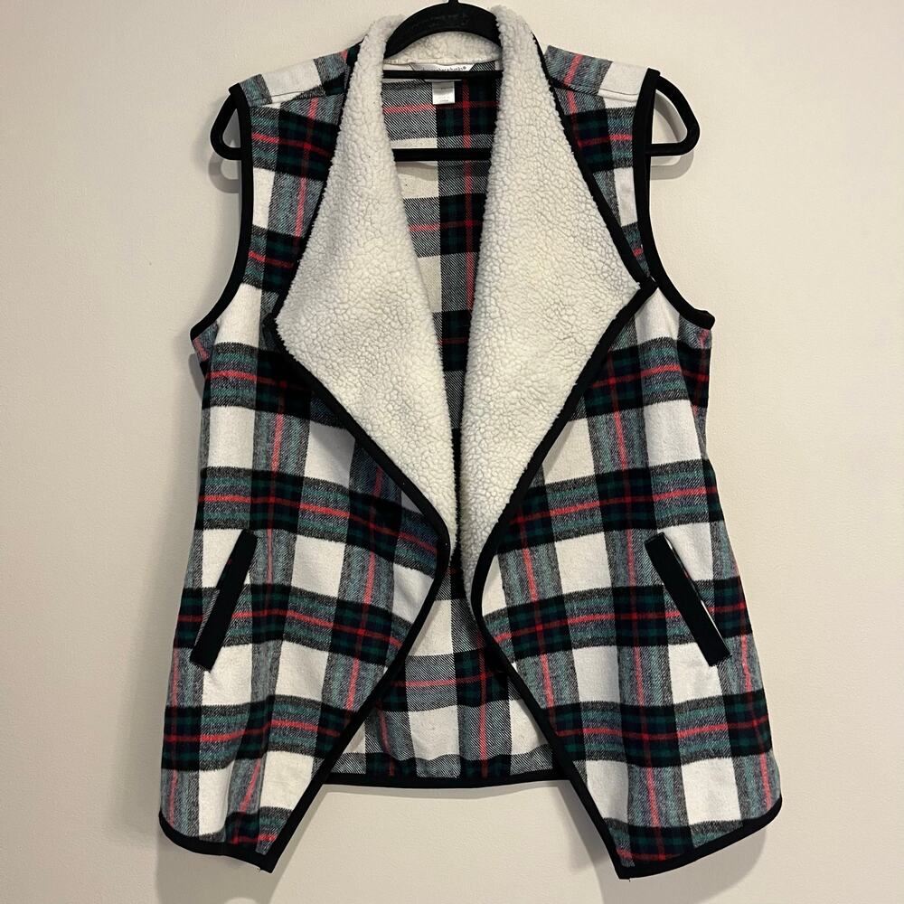 Christopher & Banks Tartan Plaid Vest Sherpa Open Front Wool Blend Petite Large